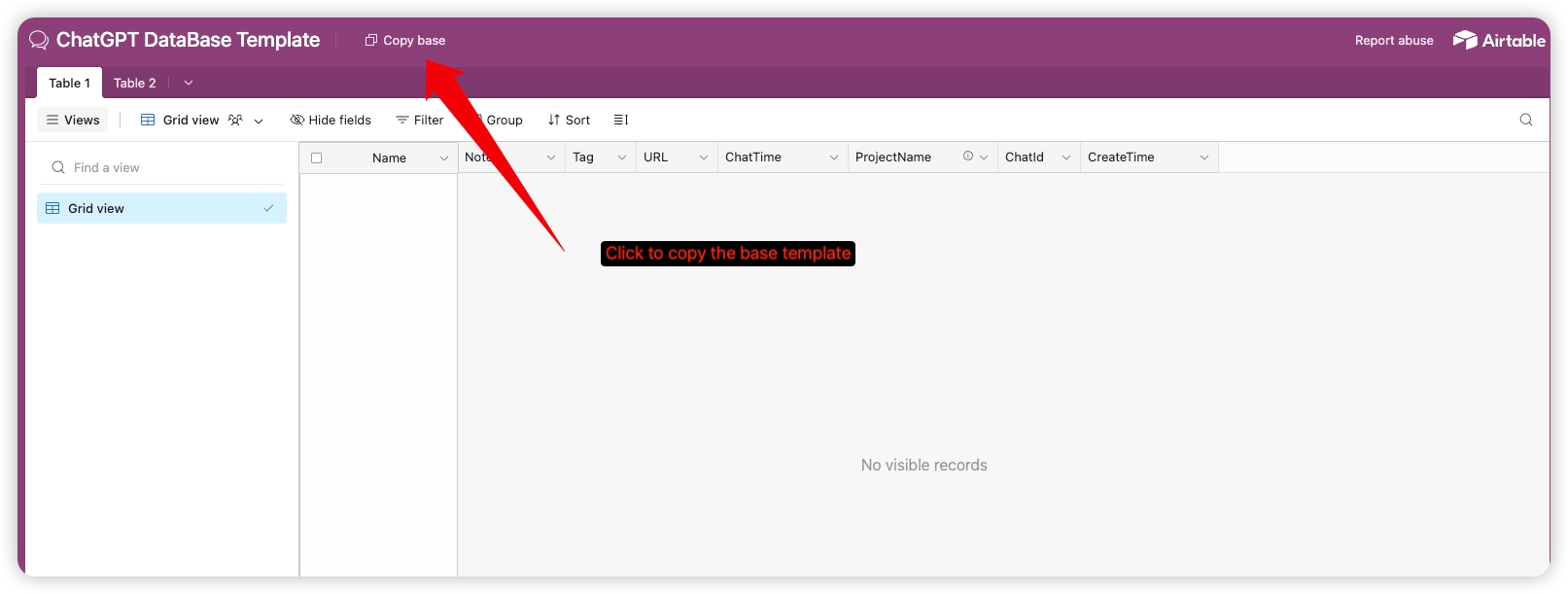 Airtable ChatGPT DataBase Template with the Copy base action