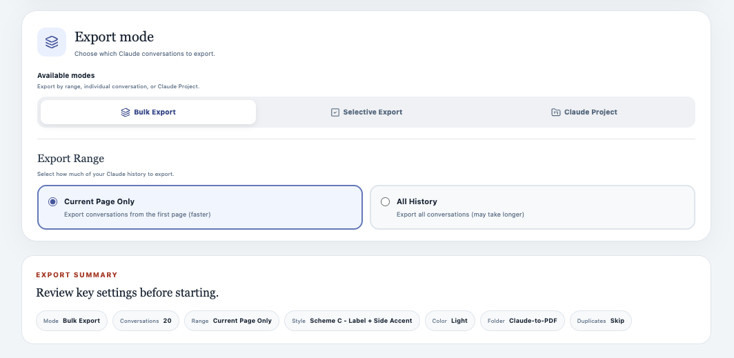 Choose current page or all Claude history