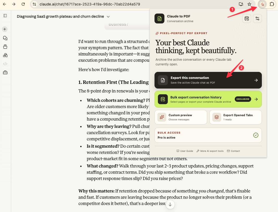 Export the active Claude conversation from the extension popup