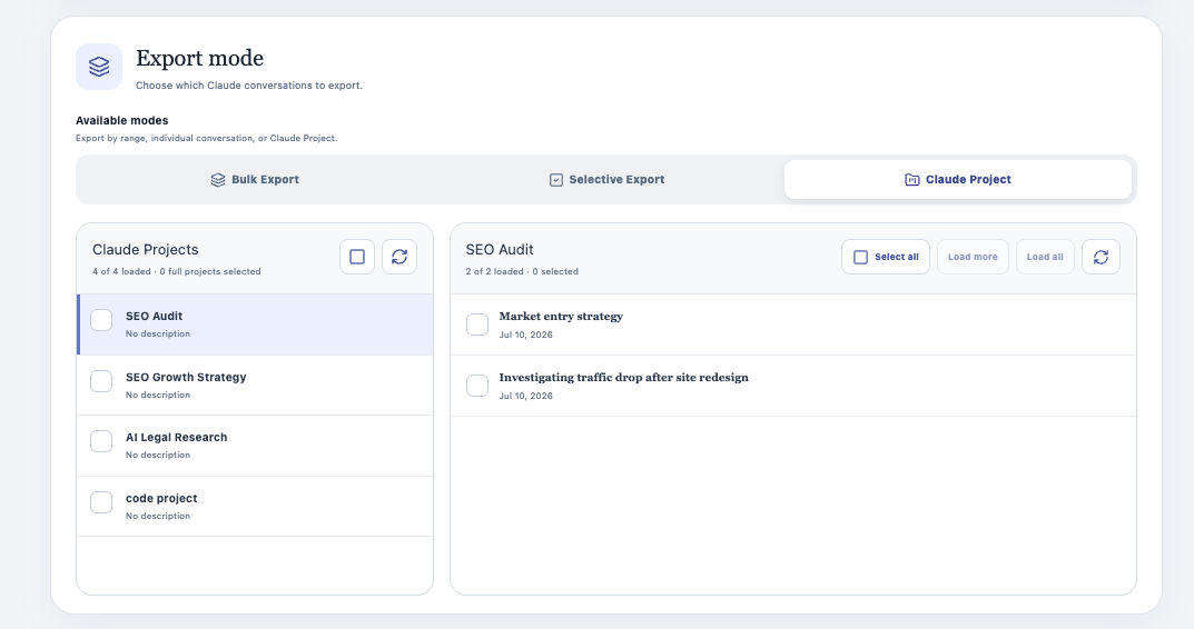 Export all or selected conversations from a Claude Project