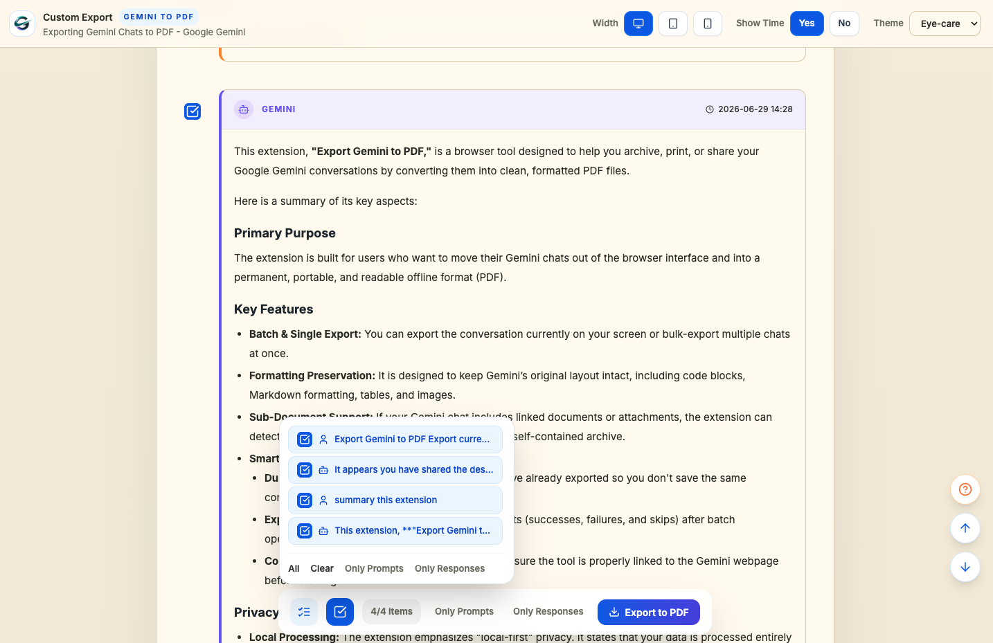 Export Gemini to PDF custom preview selection