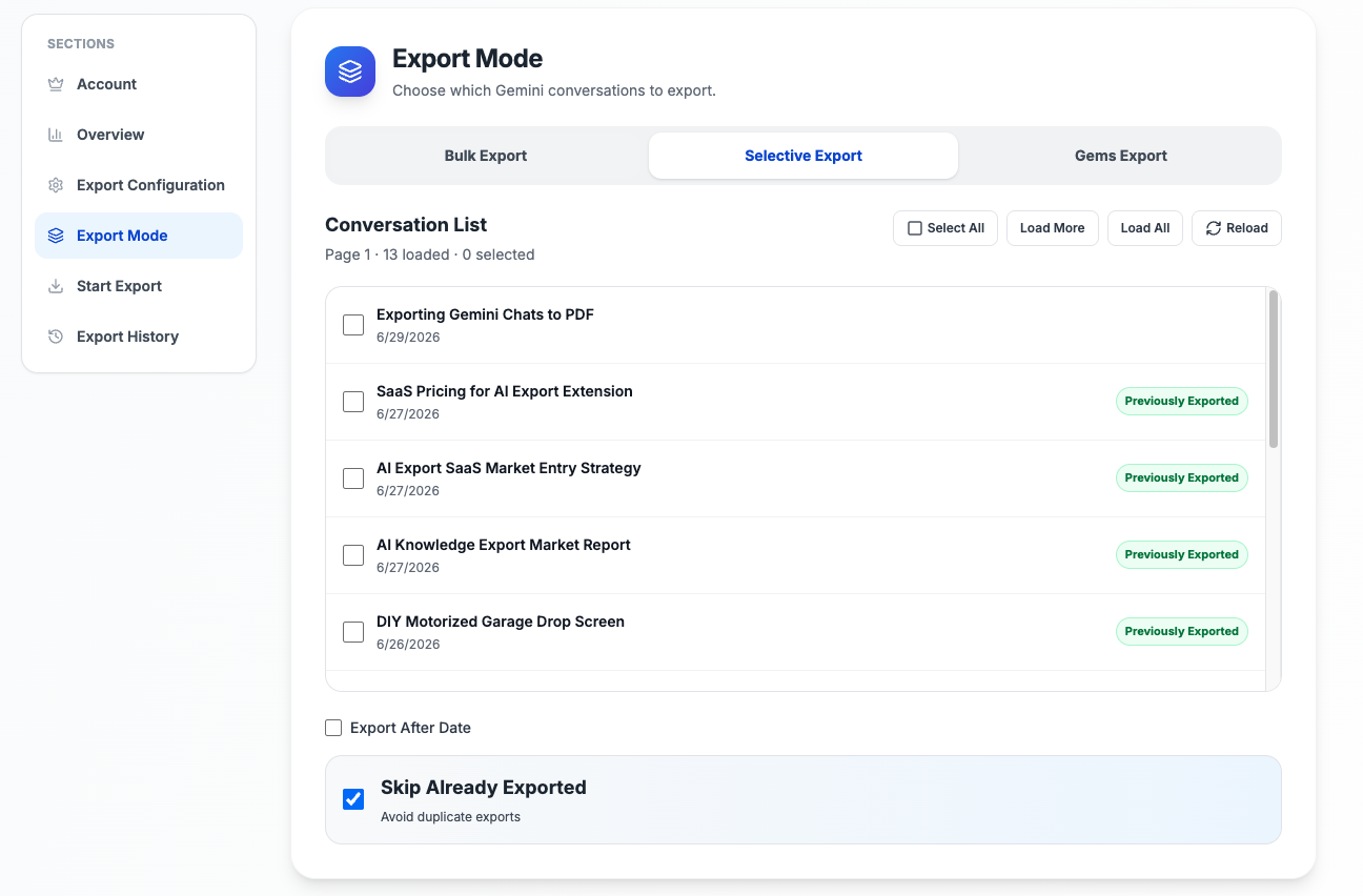 Export Gemini to PDF export mode switcher