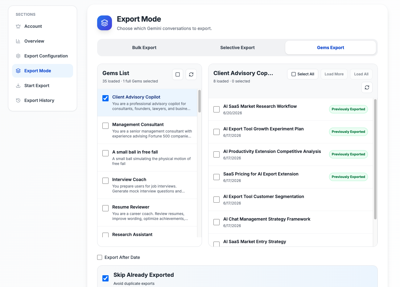 Export Gemini to PDF gems export panel