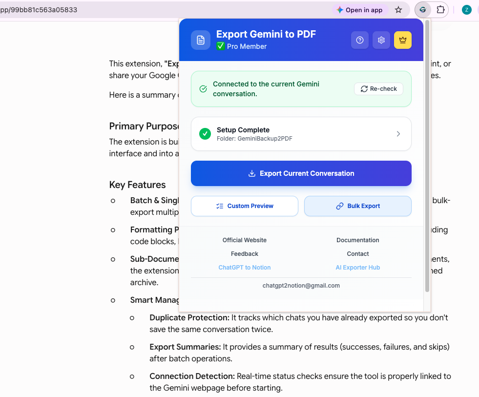Export Gemini to PDF popup export