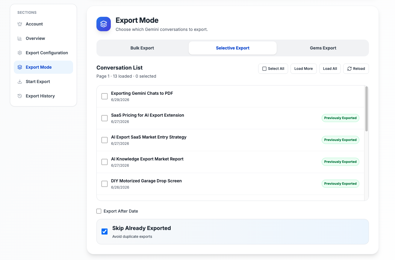 Export Gemini to PDF selective export list