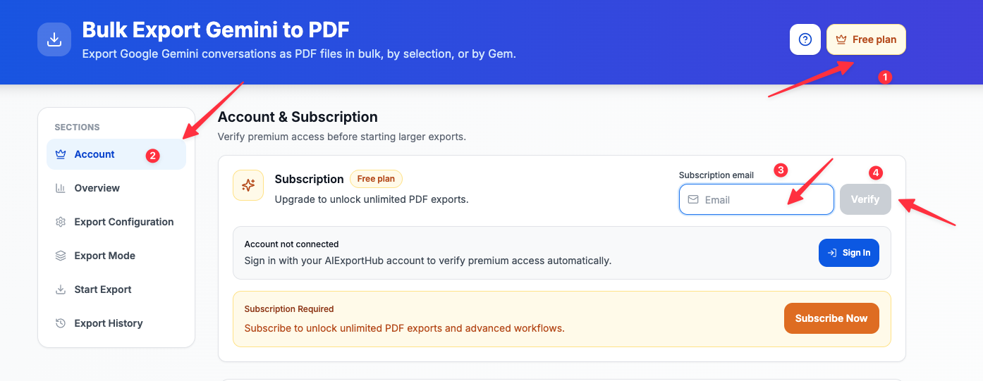 Enter a subscription email on the Bulk Export account page