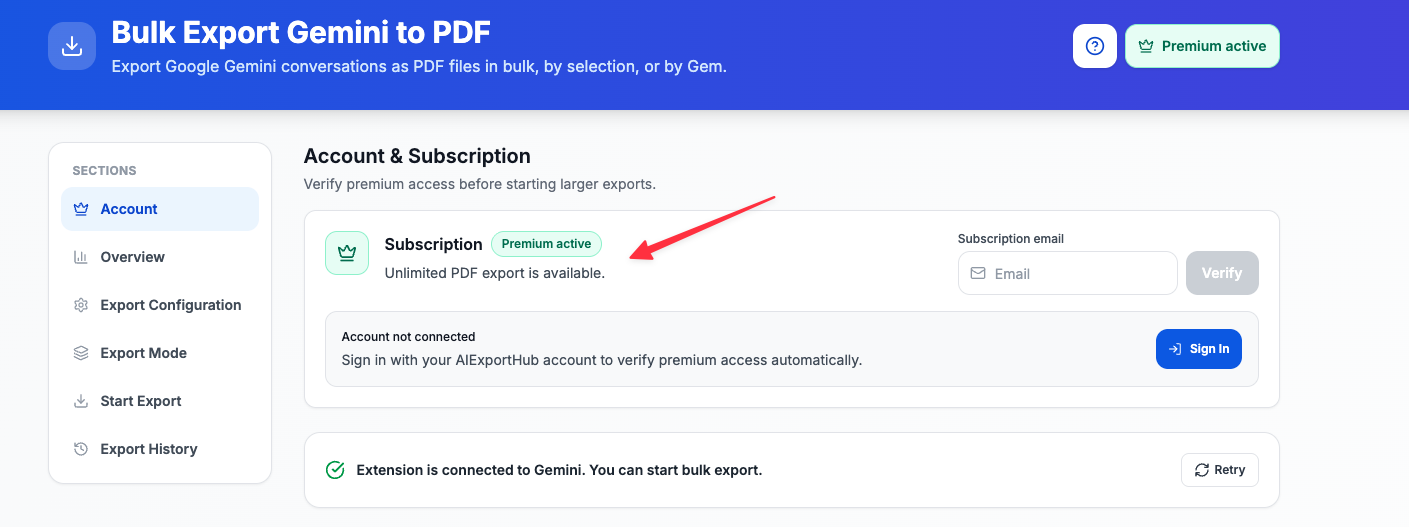 Premium active status on the Bulk Export account page