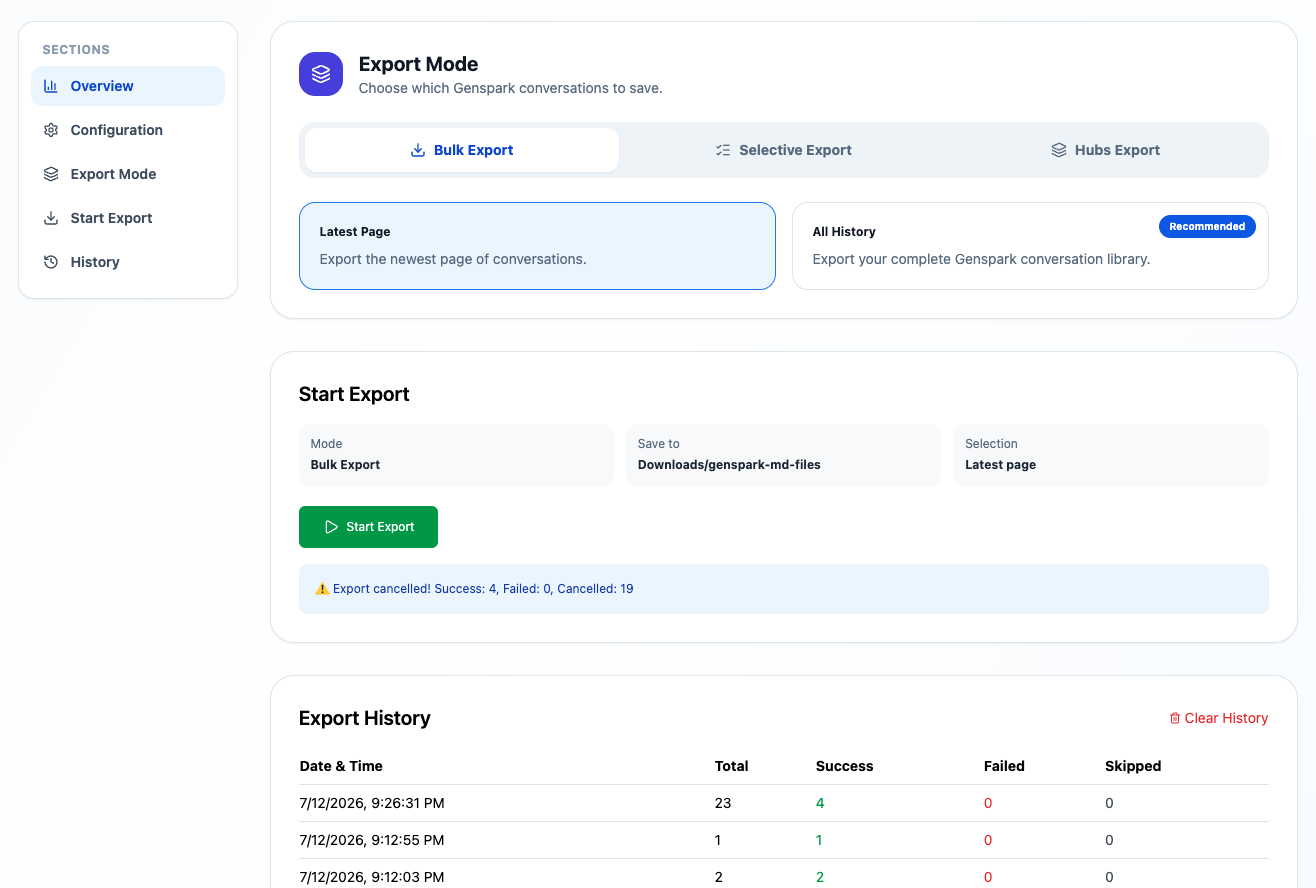 Bulk export mode and history