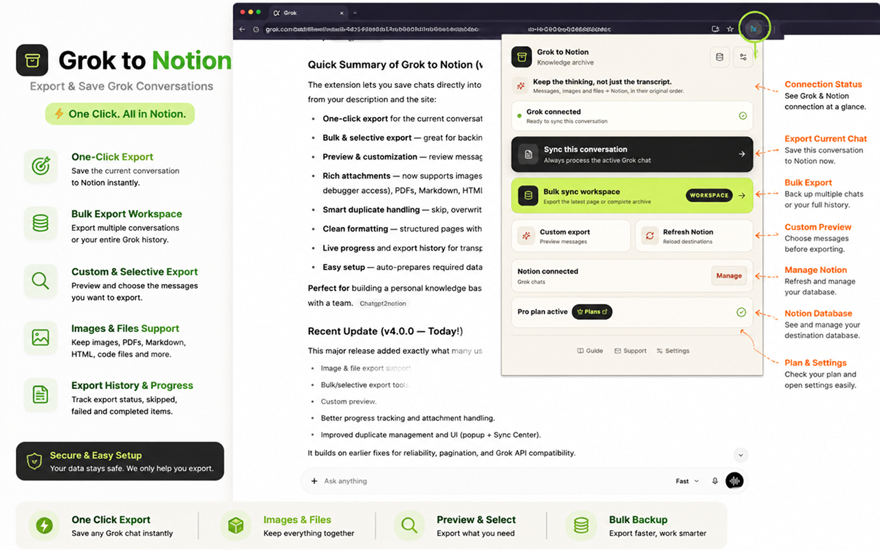 Grok to Notion popup and connection status