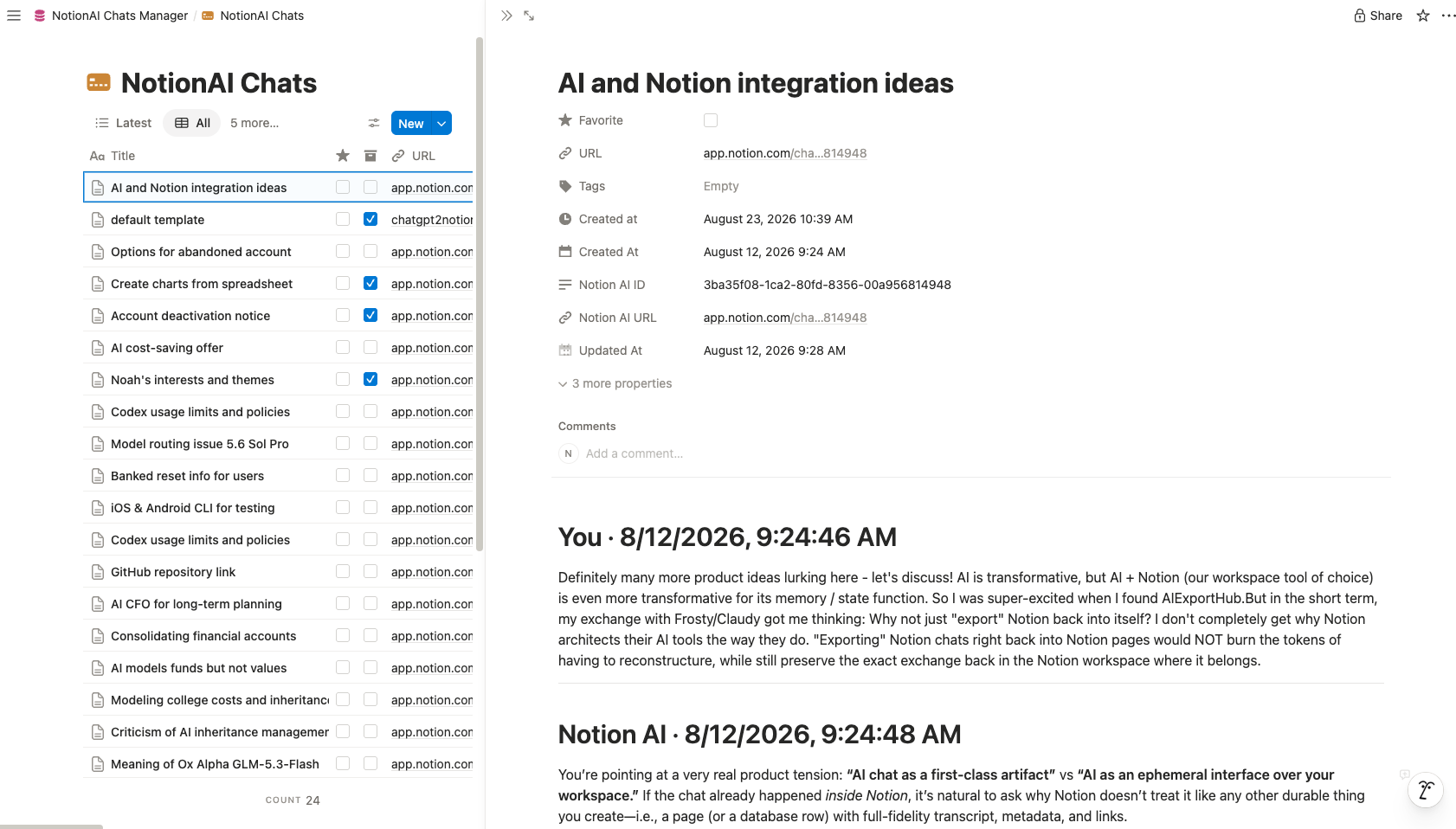An exported Notion AI page with preserved conversation context