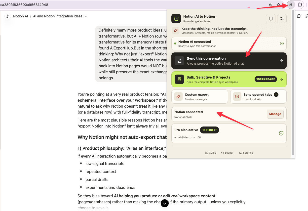 The extension popup confirms the connected Notion AI and Notion destination