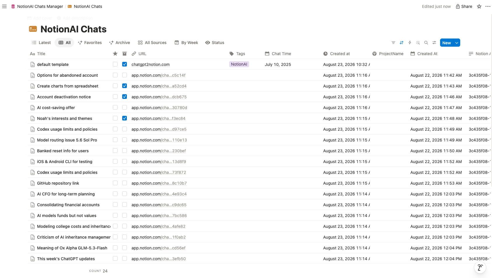 Notion AI conversations organized in the destination database
